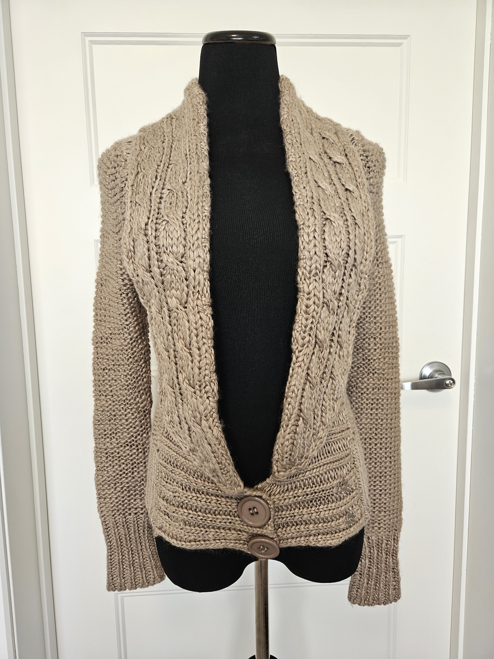 BKE Taupe Cable Knit Shawl Collar Cardigan
